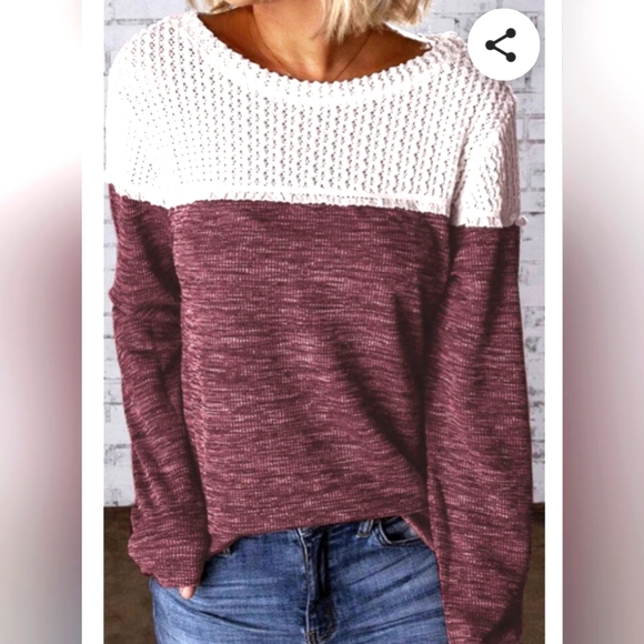 Women's Long Sleeve Ivory Crochet Top with Wine Ribbed Body, Large, Soft - Picture 1 of 6